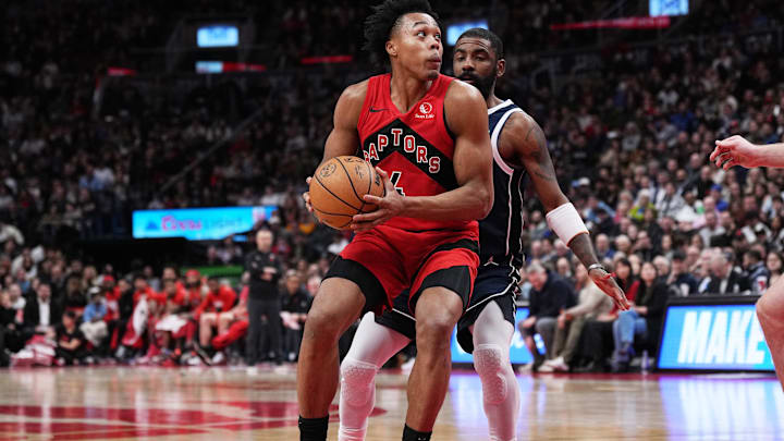 Feb 28, 2024; Toronto, Ontario, CAN; Toronto Raptors forward Scottie Barnes (4) controls the ball as