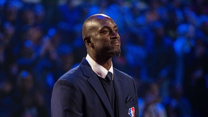 February 20, 2022; Cleveland, Ohio, USA; NBA great Kevin Garnett is honored for being selected to the NBA 75th Anniversary Team during halftime in the 2022 NBA All-Star Game at Rocket Mortgage FieldHouse. Mandatory Credit: Kyle Terada-Imagn Images