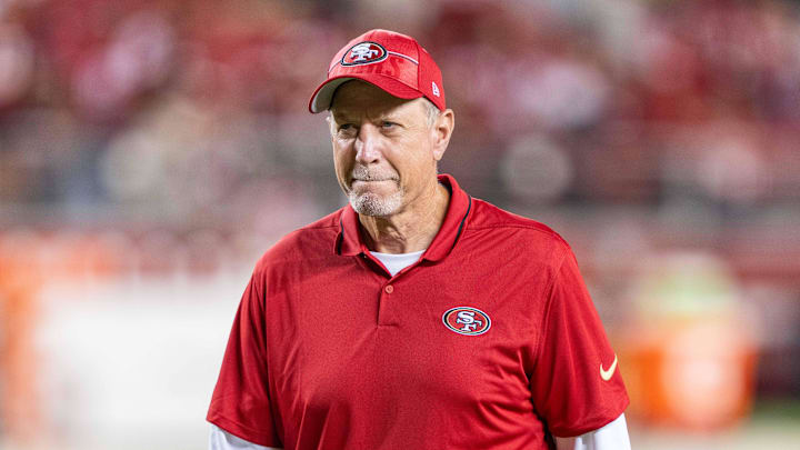 August 19, 2023; Santa Clara, California, USA; San Francisco 49ers offensive line/run game coordinator Chris Foerster after the game against the Denver Broncos at Levi's Stadium. Mandatory Credit: Kyle Terada-Imagn Images