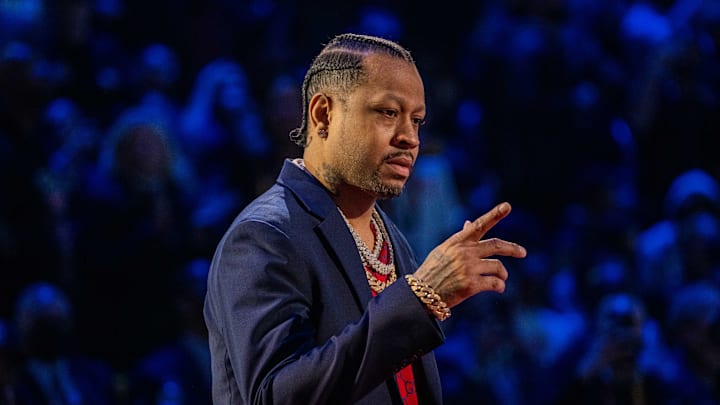 February 20, 2022; Cleveland, Ohio, USA; NBA great Allen Iverson is honored for being selected to the NBA 75th Anniversary Team during halftime in the 2022 NBA All-Star Game at Rocket Mortgage FieldHouse. Mandatory Credit: Kyle Terada-Imagn Images