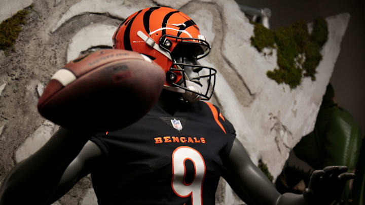 The Cincinnati Bengals unveil new uniforms during a special event at Paul Brown Stadium in downtown Cincinnati on Monday, April 19, 2021. The new designs marked the first major change to the team's main uniform in 17 years.

New Bengals Uniforms