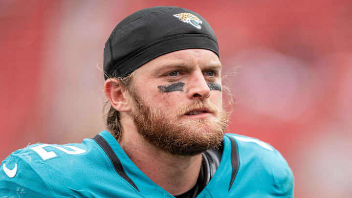 September 28, 2025; Santa Clara, California, USA; Jacksonville Jaguars safety Andrew Wingard (42) after the game against the San Francisco 49ers at Levi's Stadium. Mandatory Credit: Kyle Terada-Imagn Images