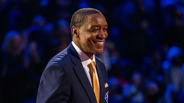 February 20, 2022; Cleveland, Ohio, USA; NBA great Isiah Thomas is honored for being selected to the NBA 75th Anniversary Team during halftime in the 2022 NBA All-Star Game at Rocket Mortgage FieldHouse. Mandatory Credit: Kyle Terada-Imagn Images