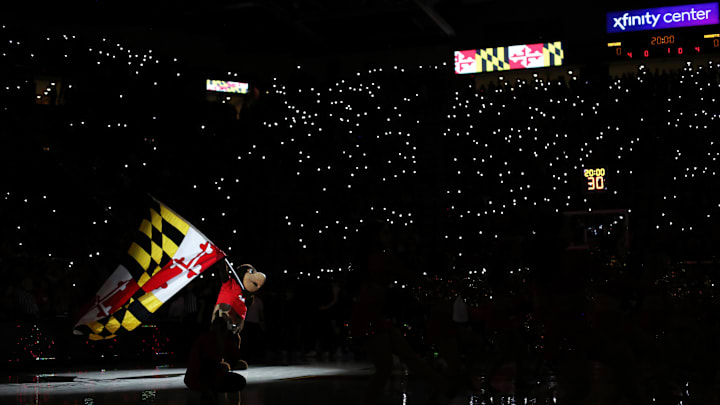 Nov 15, 2024; College Park, Maryland, USA; The Maryland Terrapins mascot waives a Maryland flag before a game against the Marquette Golden Eagles at Xfinity Center. Mandatory Credit: Daniel Kucin Jr.-Imagn Images
Nov 15, 2024; College Park, Maryland, USA; The Maryland Terrapins mascot waives a Maryland flag before a game against the Marquette Golden Eagles at Xfinity Center. Mandatory Credit: Daniel Kucin Jr.-Imagn Images