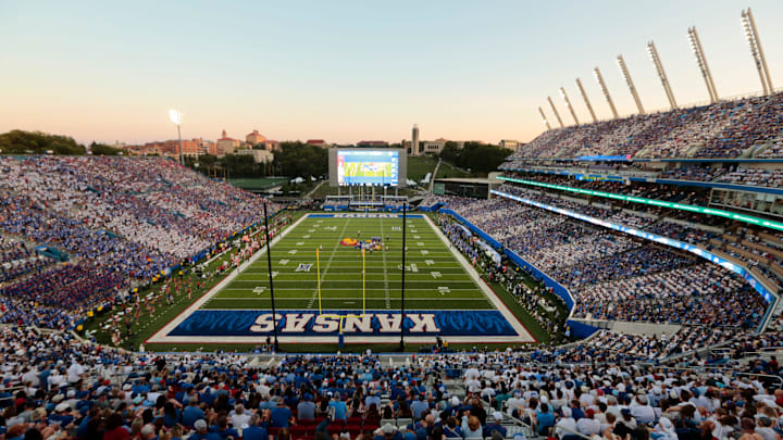 Kansas Jayhawks fans fill the stands during the game between Fresno State and Kansas at David Booth Kansas Memorial Stadium on Aug. 23, 2025.