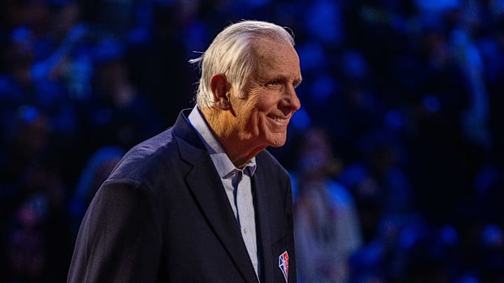 February 20, 2022; Cleveland, Ohio, USA; NBA great Jerry Lucas is honored for being selected to the NBA 75th Anniversary Team during halftime in the 2022 NBA All-Star Game at Rocket Mortgage FieldHouse. Mandatory Credit: Kyle Terada-Imagn Images