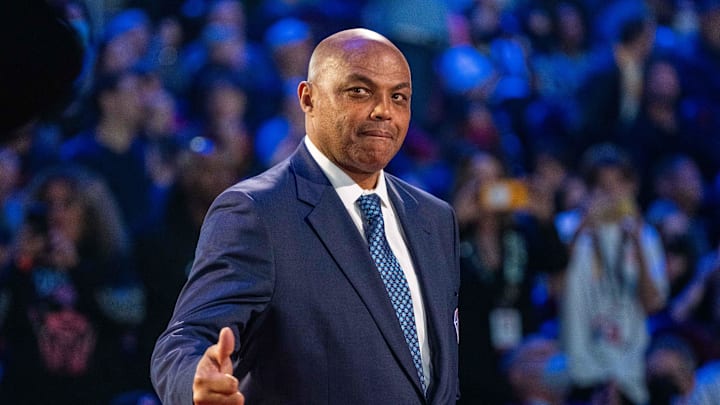 February 20, 2022; Cleveland, Ohio, USA; NBA great Charles Barkley is honored for being selected to the NBA 75th Anniversary Team during halftime in the 2022 NBA All-Star Game at Rocket Mortgage FieldHouse. Mandatory Credit: Kyle Terada-Imagn Images