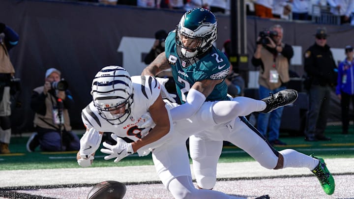 Philadelphia Eagles cornerback Darius Slay Jr. (2) breaks up a pass in the end zone intended for Cincinnati Bengals wide receiver Jermaine Burton (81) in the second quarter of the NFL Week 8 game between the Cincinnati Bengals and the Philadelphia Eagles at Paycor Stadium in downtown Cincinnati on Sunday, Oct. 27, 2024.