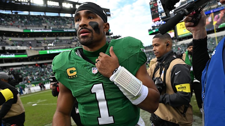 Oct 26, 2025; Philadelphia, Pennsylvania, USA; Philadelphia Eagles quarterback Jalen Hurts (1) reacts after the game against the New York Giants at Lincoln Financial Field. Mandatory Credit: Eric Hartline-Imagn Images Oct 26, 2025; Philadelphia, Pennsylvania, USA; Philadelphia Eagles quarterback Jalen Hurts (1) reacts after the game against the New York Giants at Lincoln Financial Field. Mandatory Credit: Eric Hartline-Imagn Images