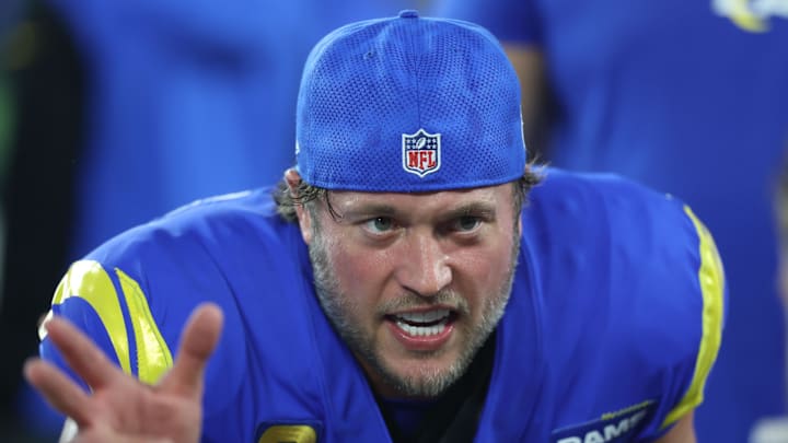 Jan 13, 2025; Glendale, AZ, USA; Los Angeles Rams quarterback Matthew Stafford (9) reacts during the first half in an NFC wild card game at State Farm Stadium.  