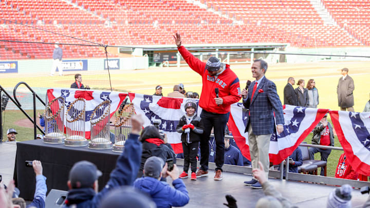 Oct 31, 2018; Boston, MA, USA; Boston Red Sox pitcher Nathan Eovaldi (17) and his son wave to the crowd before the World Series victory parade at Fenway Park. Mandatory Credit: Paul Rutherford-Imagn Images Oct 31, 2018; Boston, MA, USA; Boston Red Sox pitcher Nathan Eovaldi (17) and his son wave to the crowd before the World Series victory parade at Fenway Park. Mandatory Credit: Paul Rutherford-Imagn Images