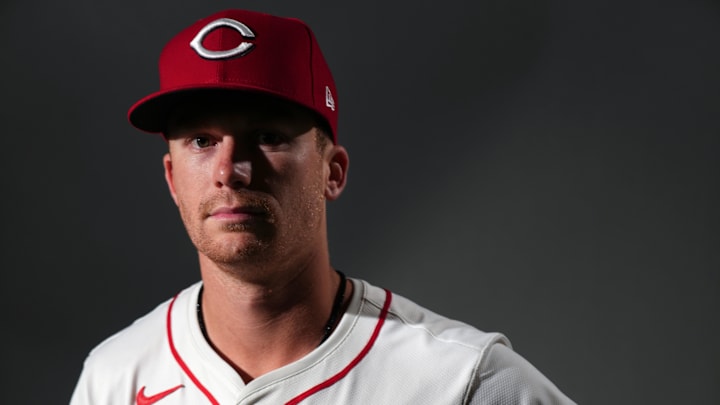 Feb 22, 2024; Goodyear, AZ, USA; Cincinnati Reds second baseman Matt McLain during media day at Goodyear Ballpark. Mandatory Credit: Kareem Elgazzar-Imagn Images