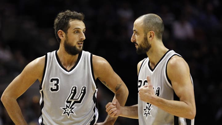 Dec 19, 2014; San Antonio, TX, USA; San Antonio Spurs shooting guard Marco Belinelli (3) talks with Manu Ginobili (20) during the second half against the Portland Trail Blazers at AT&T Center. Mandatory Credit: Soobum Im-Imagn Images