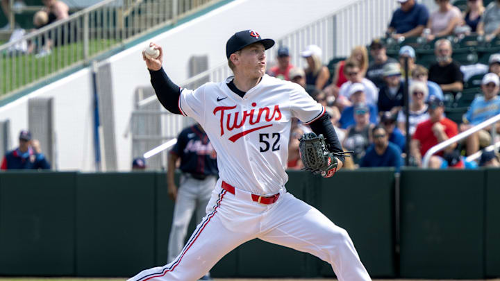 Feb 22, 2025; Fort Myers, Florida, USA; Minnesota Twins pitcher Zebby Matthews (52) pitching during the first inning of their game against the Atlanta Braves at Lee Health Sports Complex. Mandatory Credit: Chris Tilley-Imagn Images