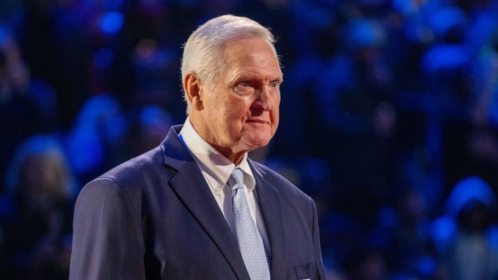 February 20, 2022; Cleveland, Ohio, USA; NBA great Jerry West is honored for being selected to the NBA 75th Anniversary Team 