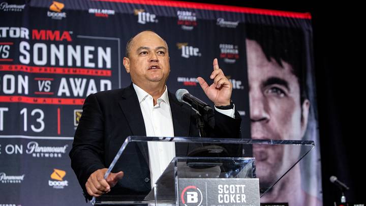 Scott Coker takes the podium at Bellator 208.