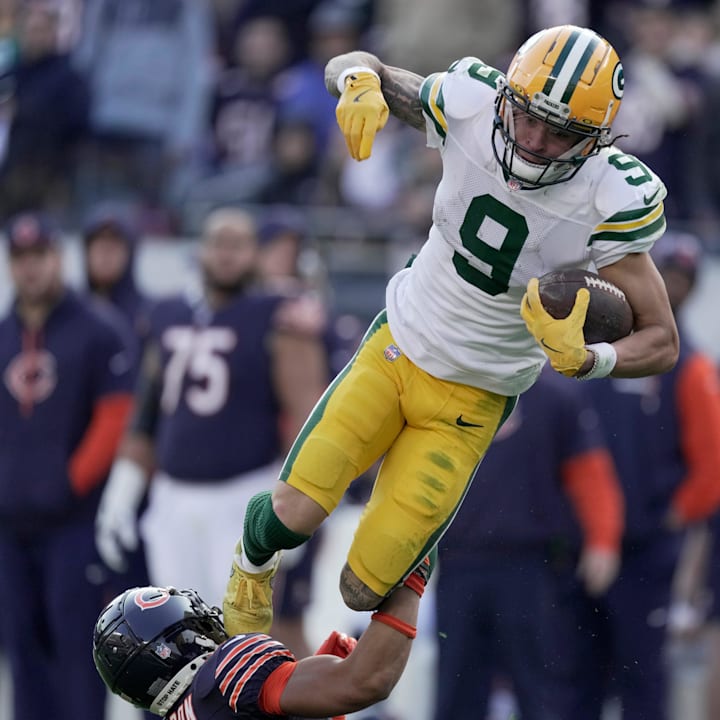 Green Bay Packers wide receiver Christian Watson (9) makes a 60-yard reception to help beat the Bears in 2024.