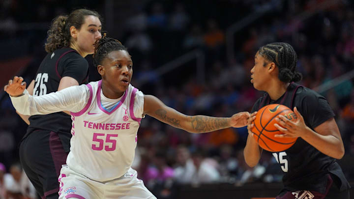 Tennessee guard Talaysia Cooper (55) guards Texas A&M guard Salese Blow (25) during a NCAA basketball game at Thompson-Boling Arena at Food City Center in Knoxville, Tenn., on Feb. 19, 2026.