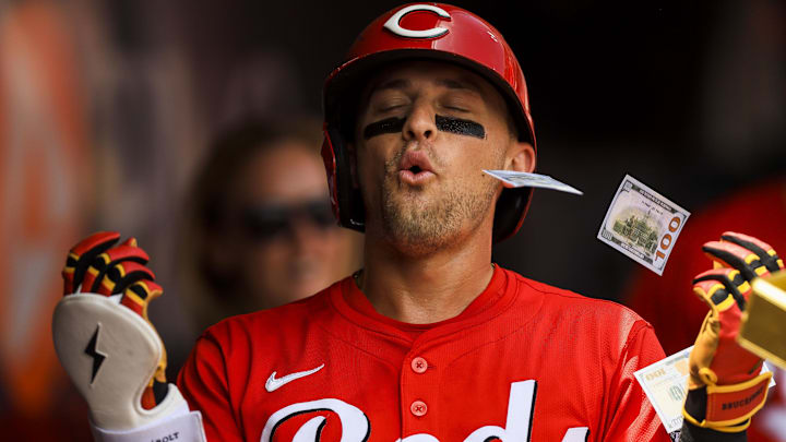 Jul 13, 2025; Cincinnati, Ohio, USA; Cincinnati Reds outfielder TJ Friedl (29) celebrates after hitting a solo home run in the first inning against the Colorado Rockies at Great American Ball Park. Mandatory Credit: Katie Stratman-Imagn Images