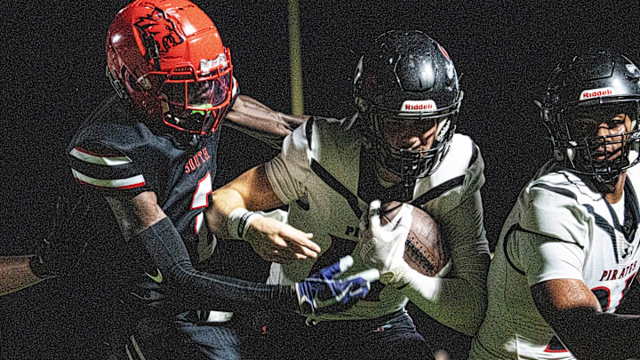 Logan Flaherty,#17, the qurterback for the Port Charlotte football team gains yards at South Fort Myers on Thursday, Sept. 25, 2025.