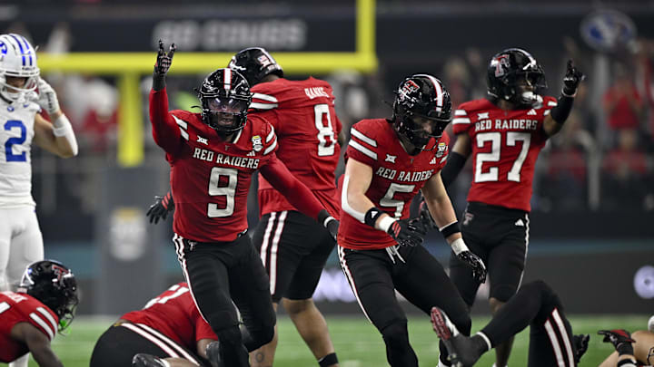 Dec 6, 2025; Arlington, TX, USA; Texas Tech Red Raiders linebacker Romello Height (9) celebrates after recovering a BYU Cougars fumble during the second half at AT&T Stadium. Mandatory Credit: Jerome Miron-Imagn Images Dec 6, 2025; Arlington, TX, USA; Texas Tech Red Raiders linebacker Romello Height (9) celebrates after recovering a BYU Cougars fumble during the second half at AT&T Stadium. Mandatory Credit: Jerome Miron-Imagn Images