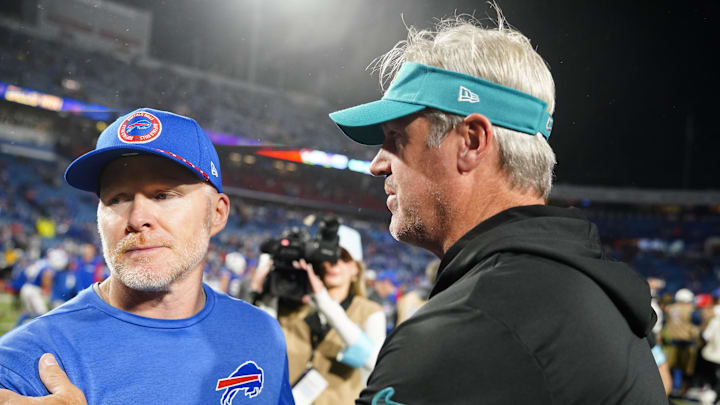 Sep 23, 2024; Orchard Park, New York, USA; Buffalo Bills head coach Sean McDermott is congratulated by Jacksonville Jaguars head coach Doug Pederson after a game at Highmark Stadium. Mandatory Credit: Gregory Fisher-Imagn Images Sep 23, 2024; Orchard Park, New York, USA; Buffalo Bills head coach Sean McDermott is congratulated by Jacksonville Jaguars head coach Doug Pederson after a game at Highmark Stadium. Mandatory Credit: Gregory Fisher-Imagn Images