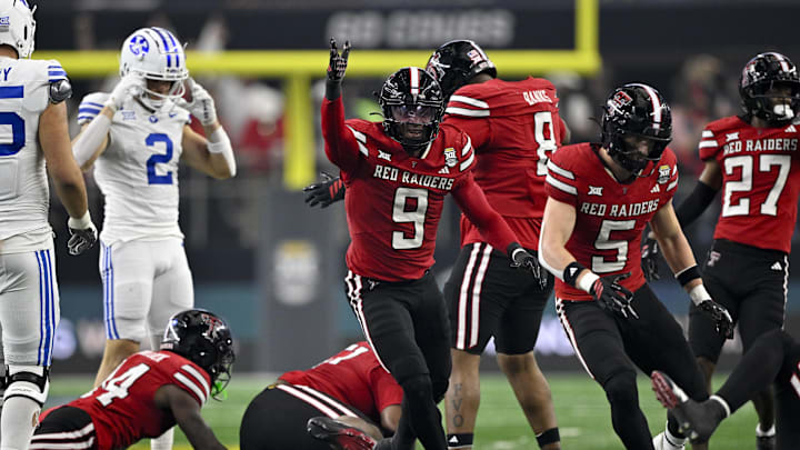 Dec 6, 2025; Arlington, TX, USA; Texas Tech Red Raiders linebacker Romello Height (9) celebrates after recovering a BYU Cougars fumble during the second half at AT&T Stadium. Dec 6, 2025; Arlington, TX, USA; Texas Tech Red Raiders linebacker Romello Height (9) celebrates after recovering a BYU Cougars fumble during the second half at AT&T Stadium.