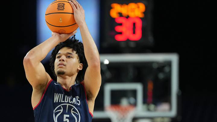 Apr 3, 2026; Indianapolis, IN, USA; Arizona Wildcats guard Brayden Burries (5) shoots the ball during a practice session ahead of the Final Four of the men's 2026 NCAA Tournament at Lucas Oil Stadium. Mandatory Credit: Bob Donnan-Imagn Images Apr 3, 2026; Indianapolis, IN, USA; Arizona Wildcats guard Brayden Burries (5) shoots the ball during a practice session ahead of the Final Four of the men's 2026 NCAA Tournament at Lucas Oil Stadium. Mandatory Credit: Bob Donnan-Imagn Images