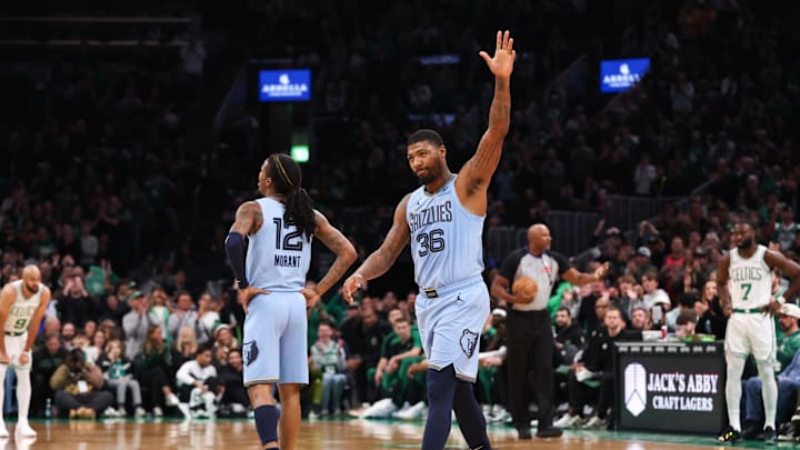 Dec 7, 2024; Boston, Massachusetts, USA; Memphis Grizzlies guard Marcus Smart (36) waves to the crowd while entering the a game against the Boston Celtics at TD Garden. 
