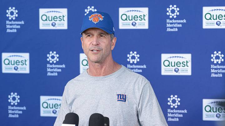 Jun 3, 2026; East Rutherford, NJ, USA; New York Giants head coach John Harbaugh talks with media after organized team activities at Quest Diagnostics Training Center. Jun 3, 2026; East Rutherford, NJ, USA; New York Giants head coach John Harbaugh talks with media after organized team activities at Quest Diagnostics Training Center.