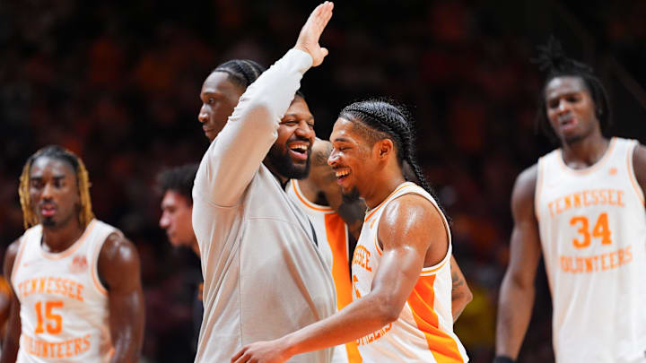 Tennessee guard Zakai Zeigler (5) smiles during a college basketball game between Tennessee and MTSU held at Thompson-Boling Arena at Food City Center in Knoxville, Tenn., on Monday, Dec. 23, 2024.