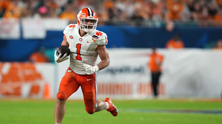 Dec 30, 2022; Miami Gardens, FL, USA; Clemson Tigers running back Will Shipley (1) runs the ball