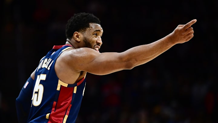 Dec 6, 2025; Cleveland, Ohio, USA; Cleveland Cavaliers guard Donovan Mitchell (45) calls out to his teammates against the Golden State Warriors during the second half at Rocket Arena. Mandatory Credit: Ken Blaze-Imagn Images
