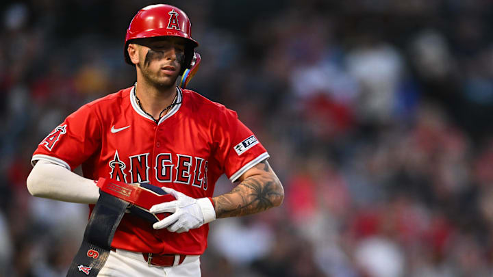 Aug 17, 2024; Anaheim, California, USA; Los Angeles Angels shortstop Zach Neto (9) walks against the Atlanta Braves during the third inning at Angel Stadium. Mandatory Credit: Jonathan Hui-Imagn Images
