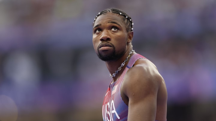 Aug 4, 2024; Paris Saint-Denis, France; Noah Lyles (USA) reacts after competing in a men's 100m semifinal during the Paris 2024 Olympic Summer Games at Stade de France. Aug 4, 2024; Paris Saint-Denis, France; Noah Lyles (USA) reacts after competing in a men's 100m semifinal during the Paris 2024 Olympic Summer Games at Stade de France.