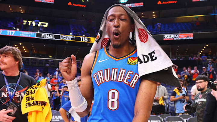 Apr 26, 2025; Memphis, Tennessee, USA; Oklahoma City Thunder forward Jalen Williams (8) reacts after defeating the Memphis Grizzlies in game four for the first round of the 2024 NBA Playoffs at FedExForum.