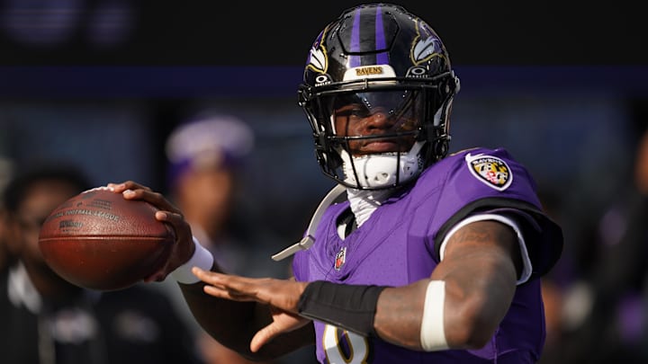 Baltimore Ravens quarterback Lamar Jackson (8) warms up before the game against the New York Jets at M&T Bank Stadium. 