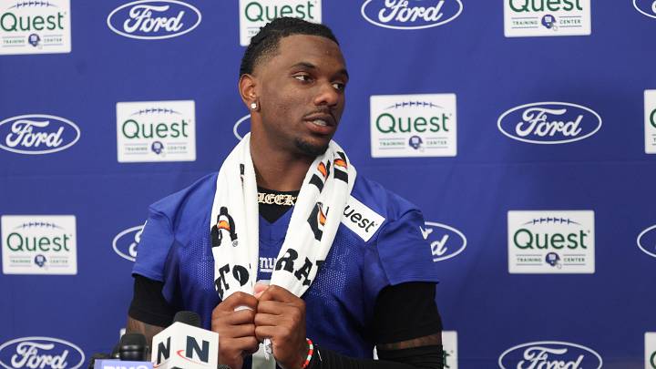 Jul 23, 2025; East Rutherford, NJ, USA; New York Giants wide receiver Malik Nabers (1) talks with media during training camp at Quest Diagnostics Training Center.