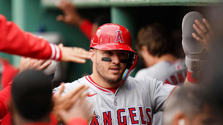 Apr 14, 2024; Boston, Massachusetts, USA; Los Angeles Angels center fielder Mike Trout (27) scores against the Boston Red Sox in the eighth inning at Fenway Park. Mandatory Credit: David Butler II-Imagn Imagesk Apr 14, 2024; Boston, Massachusetts, USA; Los Angeles Angels center fielder Mike Trout (27) scores against the Boston Red Sox in the eighth inning at Fenway Park. Mandatory Credit: David Butler II-Imagn Imagesk