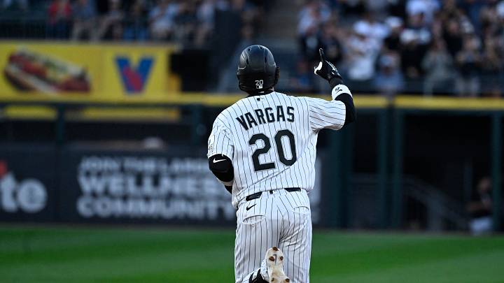 Jun 23, 2026; Chicago, Illinois, USA;  Chicago White Sox third baseman Miguel Vargas (20) points after hitting a home run during the sixth inning against the Cleveland Guardians at Rate Field. Mandatory Credit: Matt Marton-Imagn Images