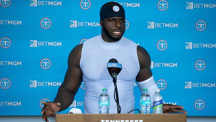 Tennessee Titans defensive end Oluwafemi Oladejo address the media on the second day of training camp practice at Vanderbilt Health Football Center Friday, July 30, 2026. Tennessee Titans defensive end Oluwafemi Oladejo address the media on the second day of training camp practice at Vanderbilt Health Football Center Friday, July 30, 2026.