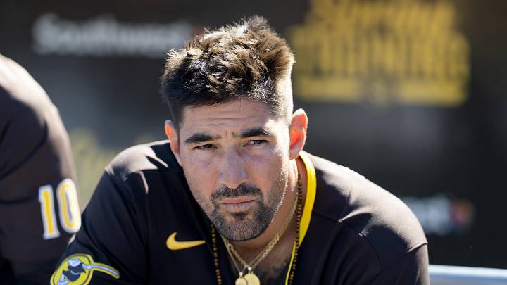 Feb 22, 2026; Peoria, Arizona, USA; San Diego Padres outfielder Nick Castellanos against the Los Angeles Dodgers during a spring training game at Peoria Sports Complex. Mandatory Credit: Mark J. Rebilas-Imagn Images
