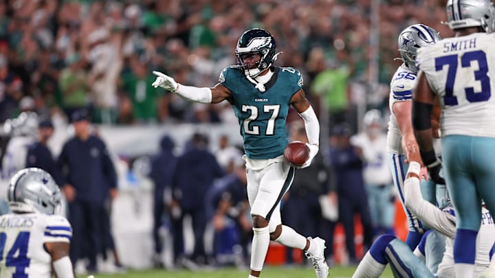 Sep 4, 2025; Philadelphia, Pennsylvania, USA; Philadelphia Eagles cornerback Quinyon Mitchell (27) reacts after a fumble recovery against the Dallas Cowboys during the third quarter of the game at Lincoln Financial Field. Mandatory Credit: Bill Streicher-Imagn Images
