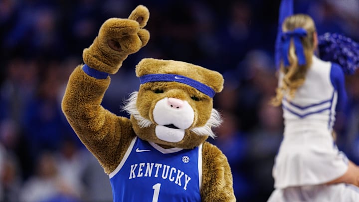 Dec 11, 2024; Lexington, Kentucky, USA; The Kentucky Wildcats mascot pumps up the crowd before the game against the Colgate Raiders at Rupp Arena at Central Bank Center. Mandatory Credit: Jordan Prather-Imagn Images