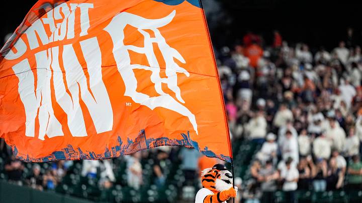 Detroit Tigers mascot Paws celebrates a win at Comerica Park. Detroit Tigers mascot Paws celebrates a win at Comerica Park.
