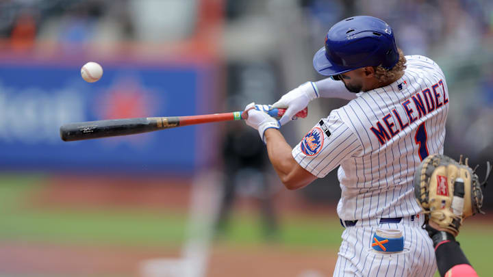 Apr 30, 2026; New York City, New York, USA; New York Mets left fielder MJ Melendez (1) hits a three run home run against the Washington Nationals during the third inning at Citi Field. Mandatory Credit: Brad Penner-Imagn Images