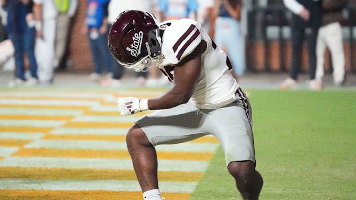 Mississippi State running back Johnnie Daniels (20) dances in celebration of his touchdown during a college football game between Tennessee and Mississippi State at Neyland Stadium in Knoxville, Tenn., on Saturday, Nov. 9, 2024.