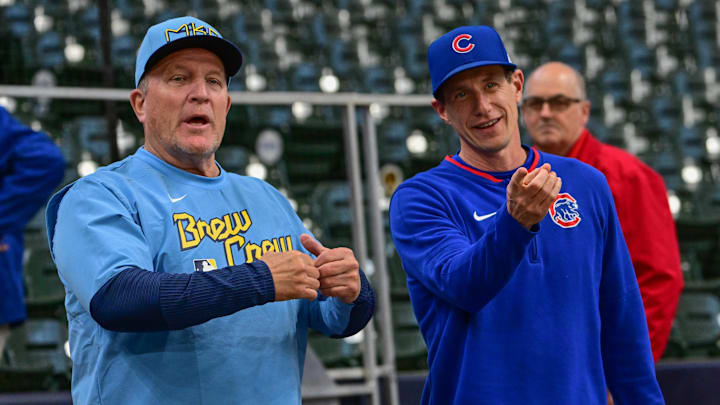 May 2, 2025; Milwaukee, Wisconsin, USA; Milwaukee Brewers manager Pat Murphy and Chicago Cubs manager Craig Counsell talk before game at American Family Field. Mandatory Credit: Benny Sieu-Imagn Images