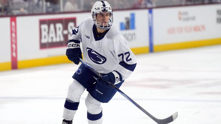 Penn State Nittany Lions forward Gavin McKenna skates against the Arizona State Sun Devils at Mullett Arena. Penn State Nittany Lions forward Gavin McKenna skates against the Arizona State Sun Devils at Mullett Arena.