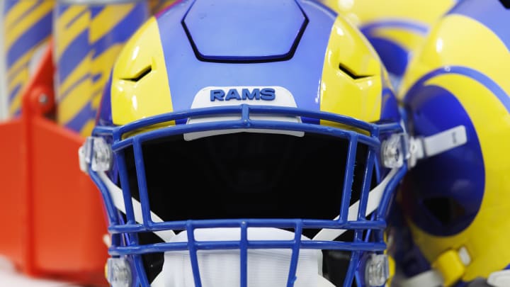 Nov 5, 2023; Green Bay, Wisconsin, USA; General view of an Los Angeles Rams helmet prior to the Nov 5, 2023; Green Bay, Wisconsin, USA; General view of an Los Angeles Rams helmet prior to the